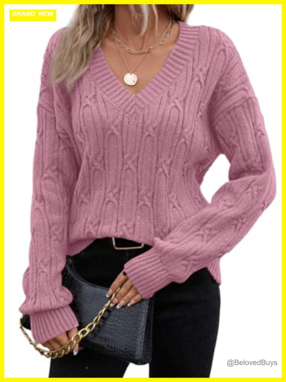 V Neck Cable Knit Long Sleeve Pullover Sweater Spring Outfits